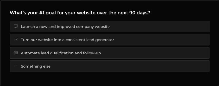 R Creative homepage form opening screen asking “What’s your #1 goal for your website over the next 90 days?” with four one-click icon buttons