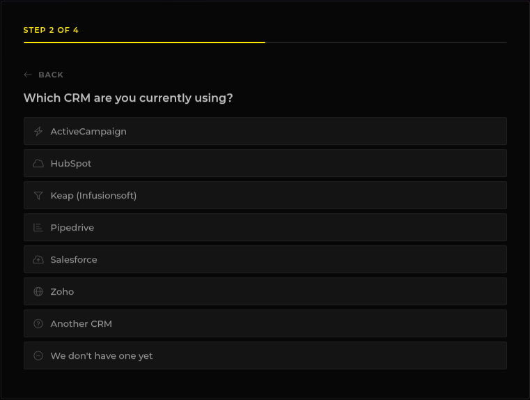 Step 2 of 4 of the R Creative homepage form asking which CRM the visitor uses, with eight one-click options and a progress bar