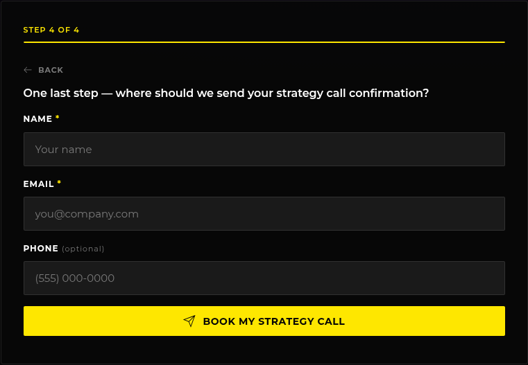 Step 4 of 4 of the R Creative homepage form with required name and email fields and an optional phone field